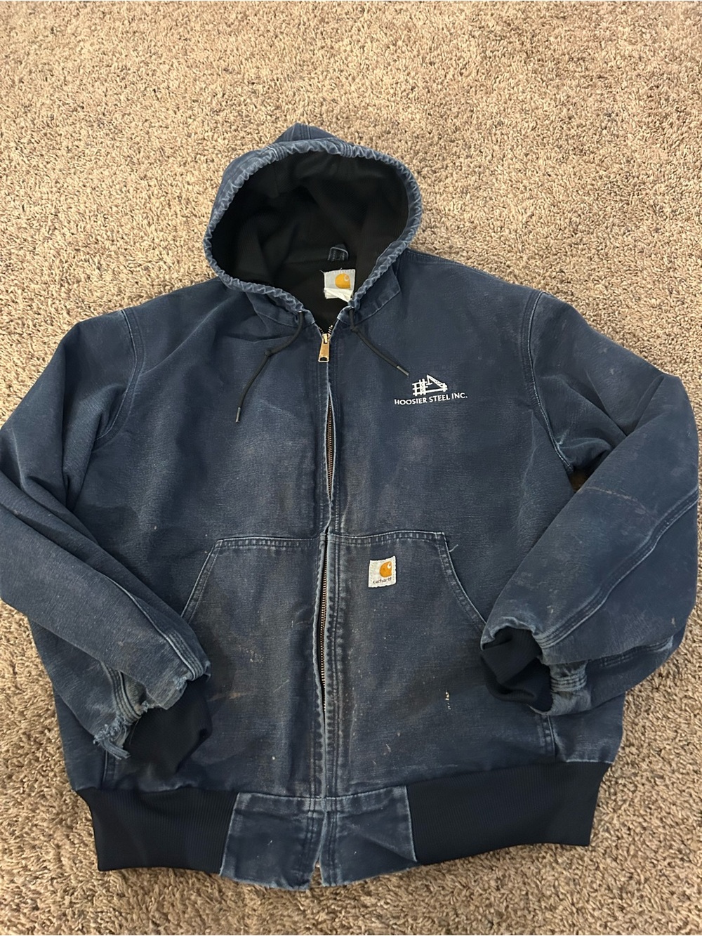 Carhartt Mens Jacket Large J131 Zip Hooded Duck Canvas Blue Embroidered